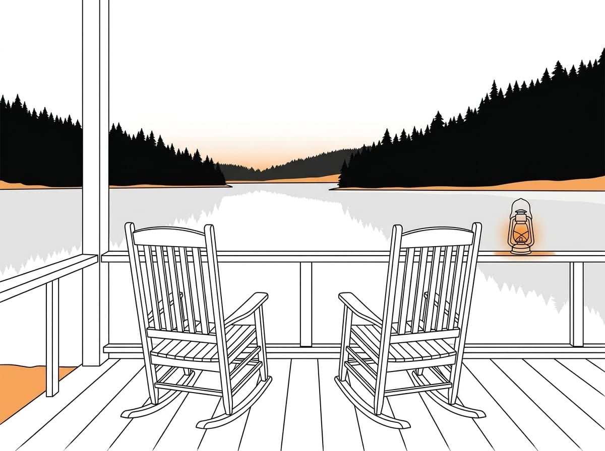 A wooden cabin porch at dusk with two empty slatted chairs facing a still lake and dark spruce hills, a lantern glowing