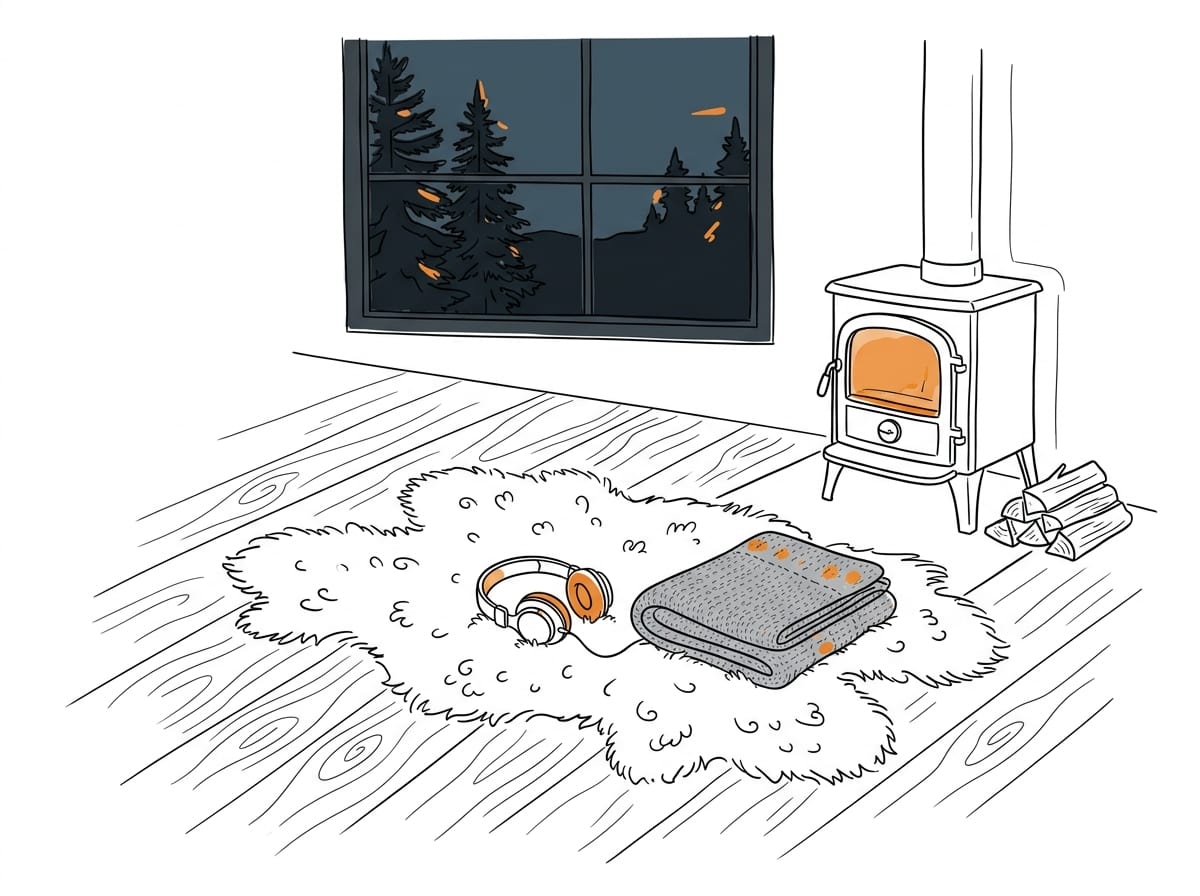 A sheepskin rug on a pale plank floor beside a small black wood stove, a pair of over-ear headphones resting on the rug