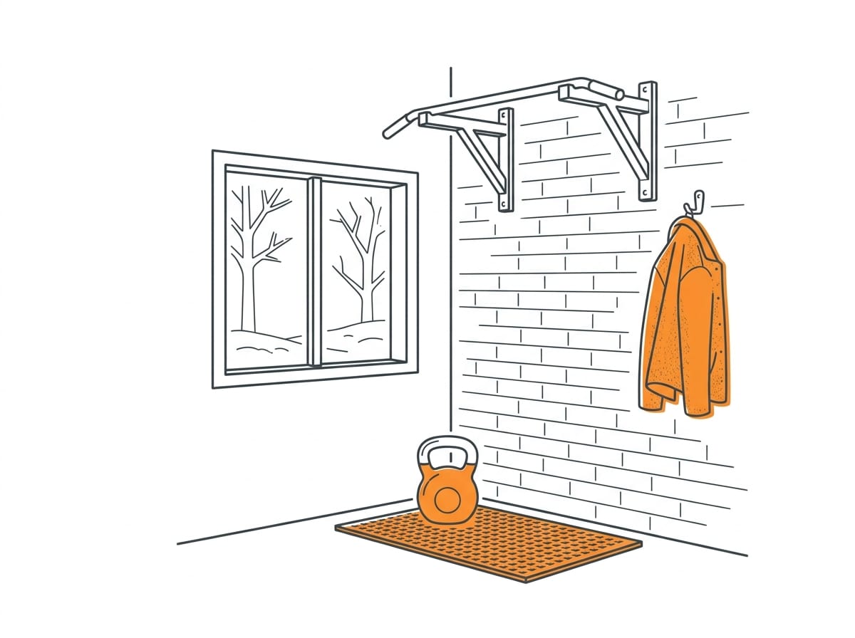 A tidy garage gym corner with a single cast-iron kettlebell on a rubber mat, a wall-mounted pull-up bar and a wool jacke