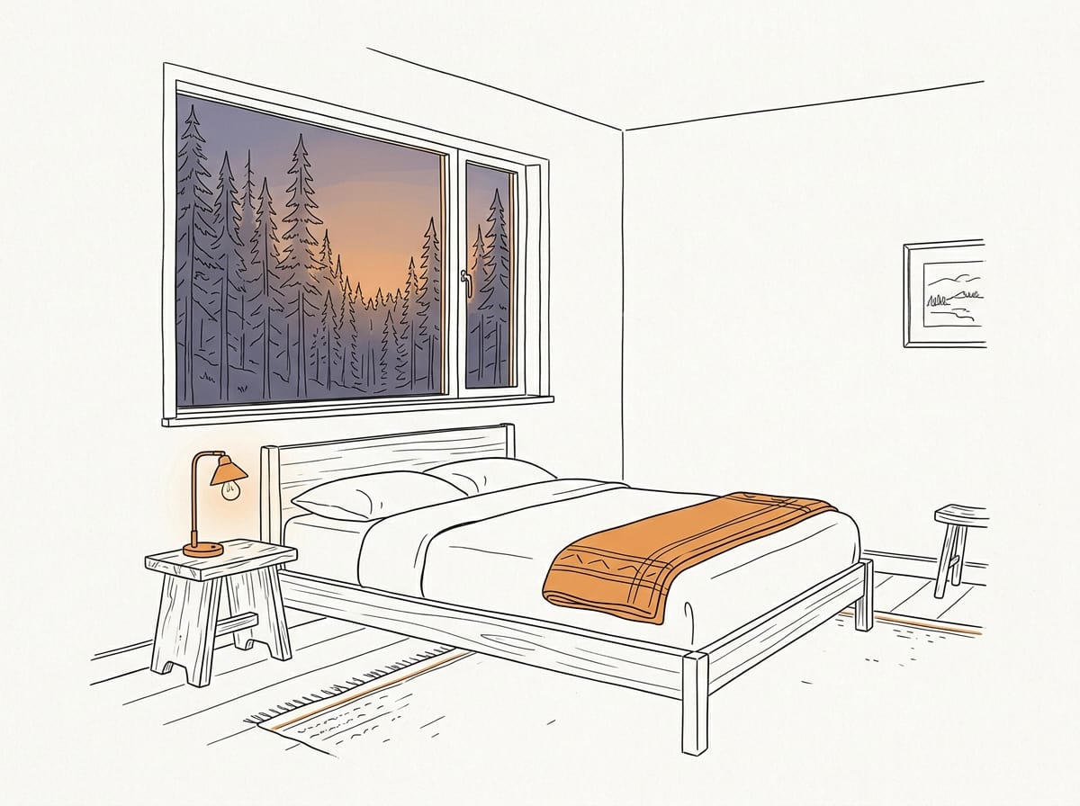 A quiet bedroom corner with a low oak bed, a folded wool blanket at its foot and a small brass bedside lamp switched on,
